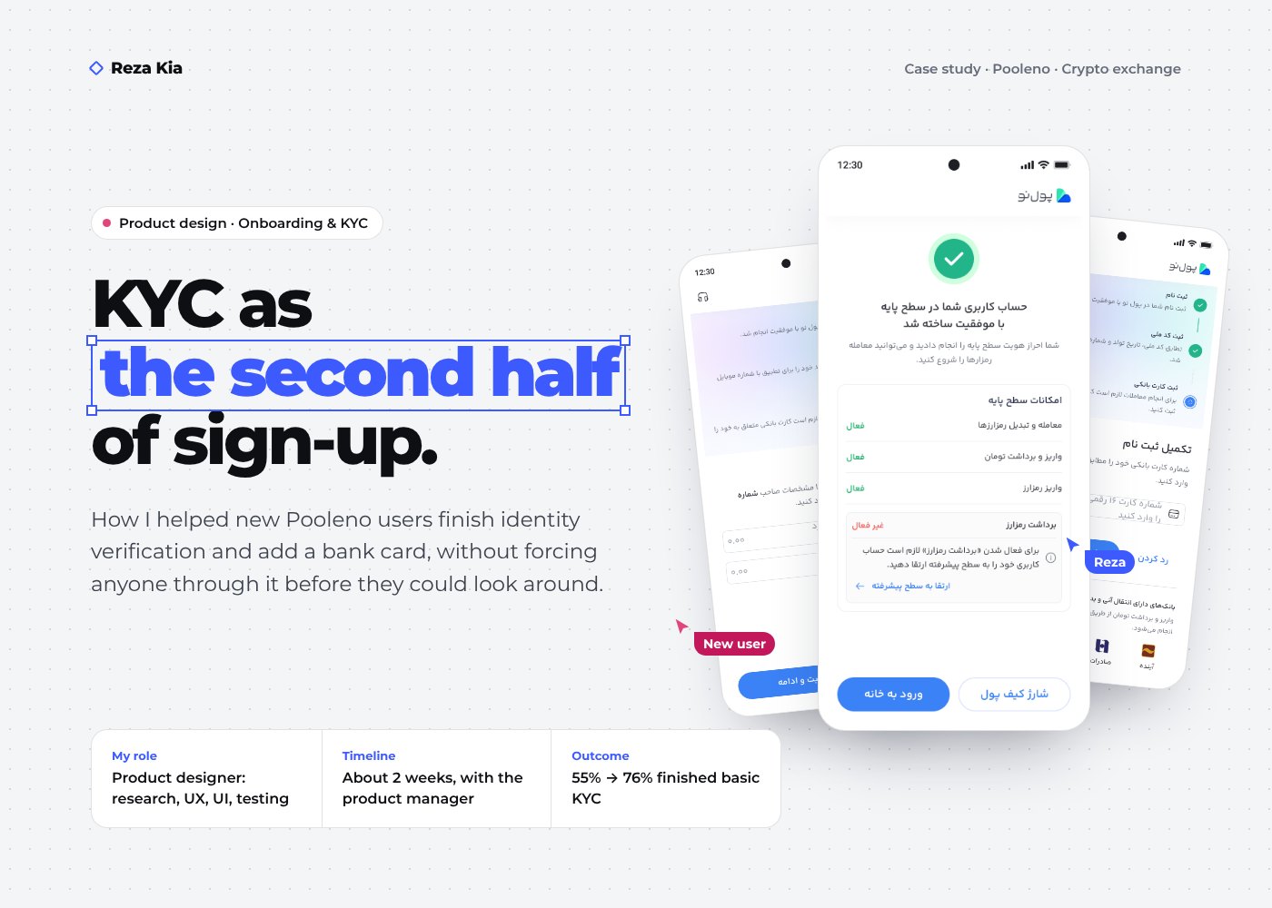 Pooleno KYC case study cover: three onboarding screens beside the title KYC as the second half of sign-up
